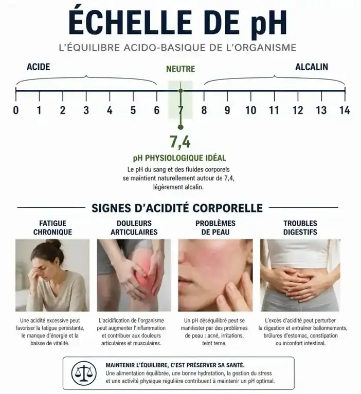 Infographie sur les 4 signes que votre corps est trop acide et l'échelle de pH
