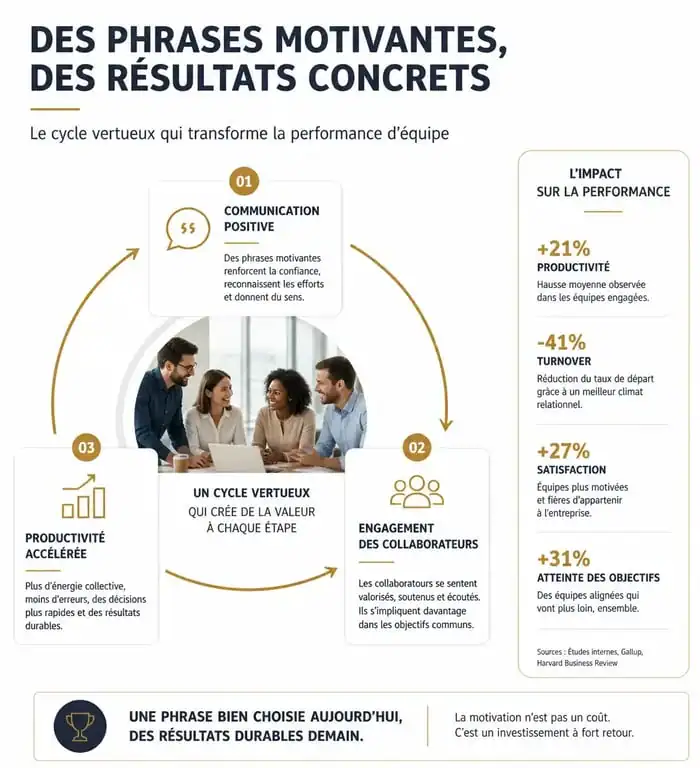 Infographie sur l'impact des phrases motivantes travail pour la performance d'équipe