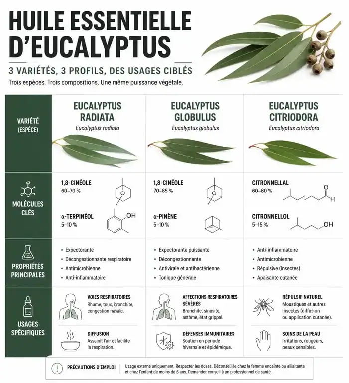 Infographie comparative des bienfaits et utilisations des huiles essentielles d'eucalyptus radiata, globulus et citriodora