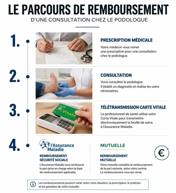 Infographie du parcours de remboursement des soins chez le podologue prise en charge secu