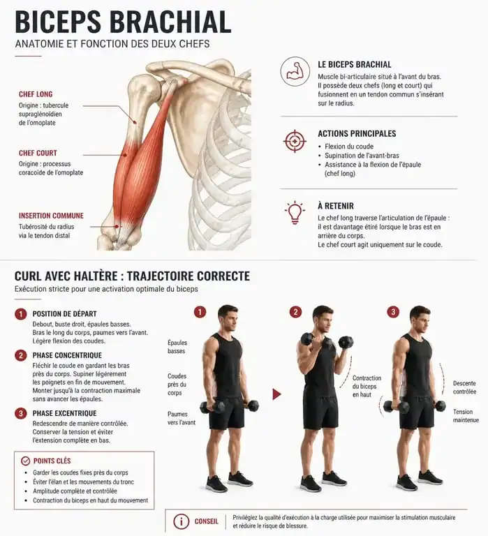 Schéma anatomique et technique pour réaliser un exercice bicep avec haltère efficacement