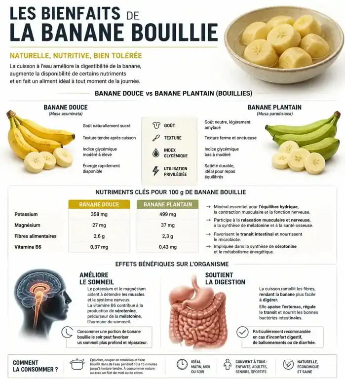 Infographie des bienfaits de la banane bouillie pour la santé et comparaison nutritionnelle