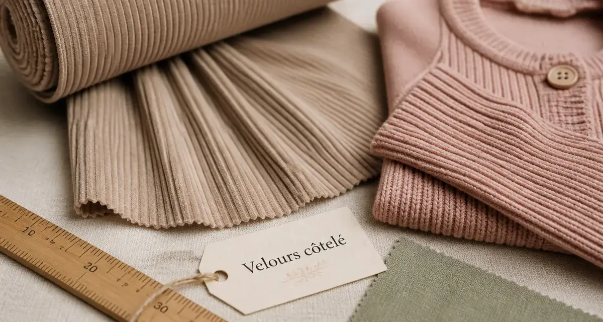 Matiere côtelée : velours côtelé taupe et maille côtelée rose, échantillons