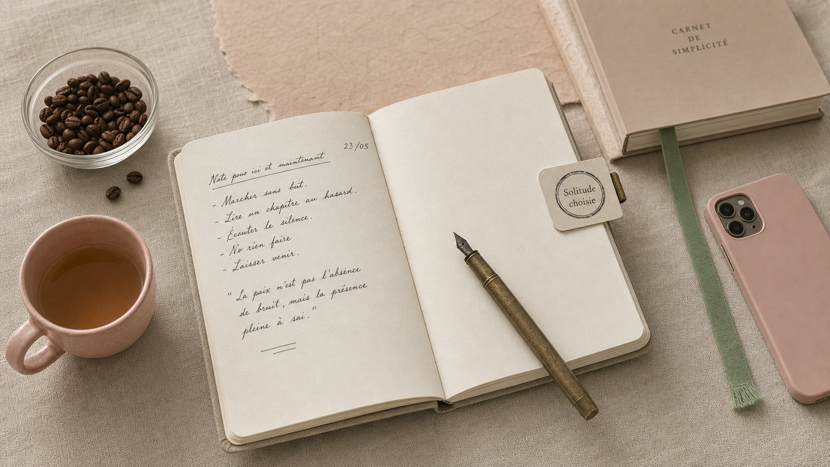 Préférer la solitude à une vie sociale : force intérieure assumée, carnet et tasse, ambiance calme.
