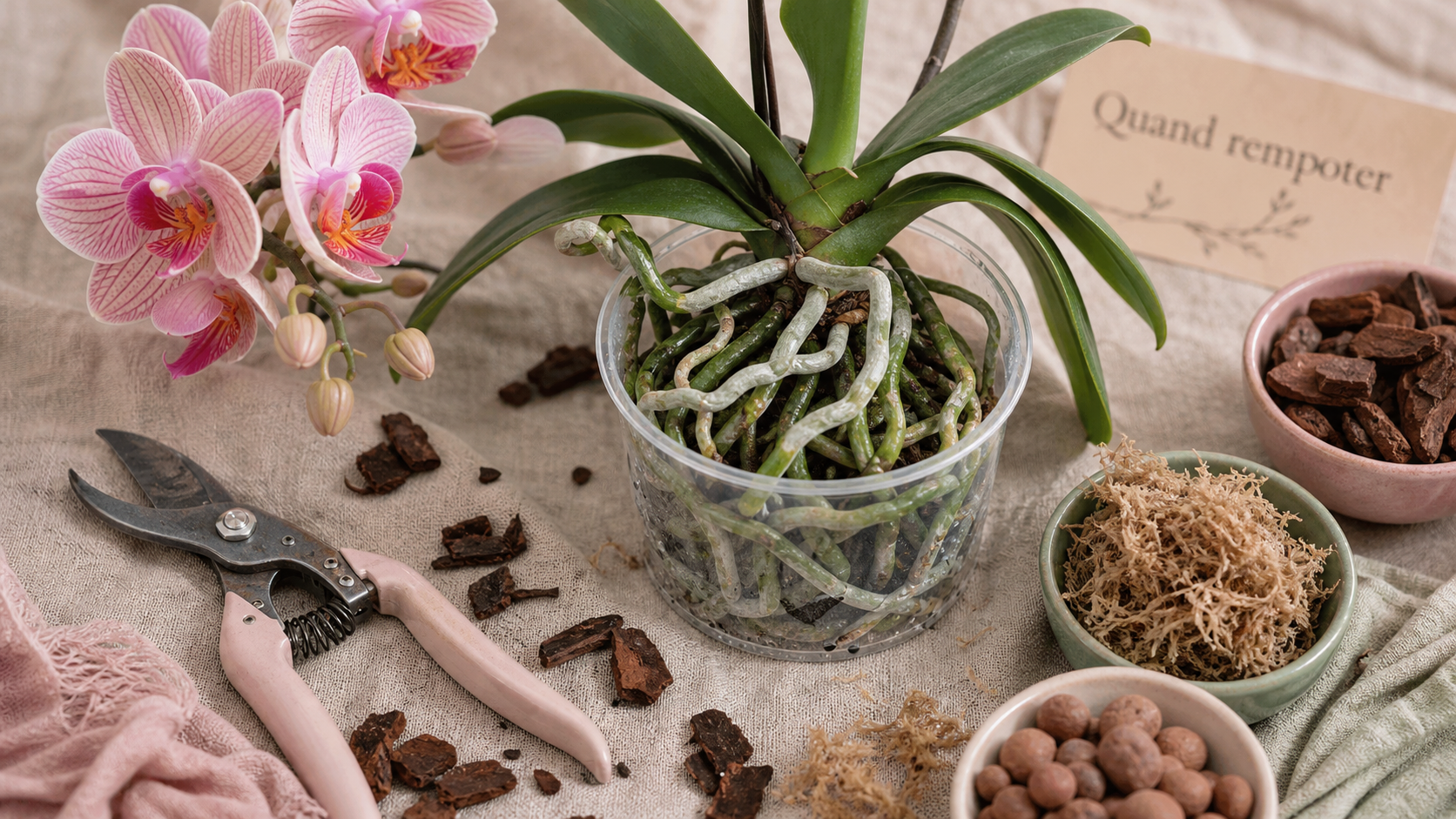 Quand rempoter une orchidée : racines visibles dans un pot transparent