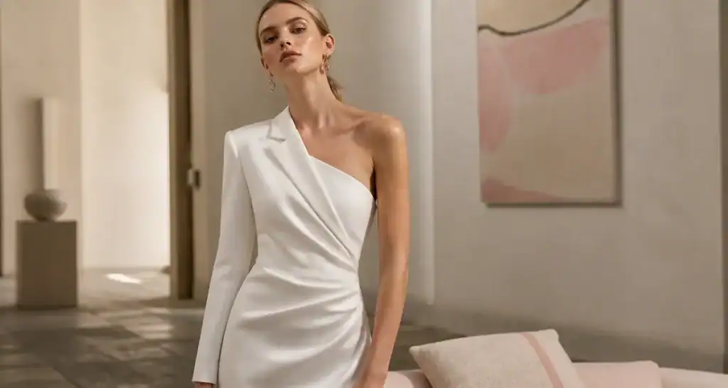 Robe blanche une manche asymétrique, couture et col blazer visibles