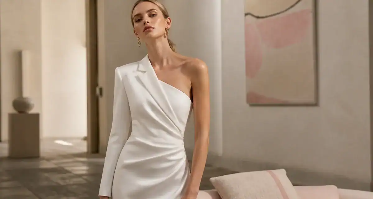 Robe blanche une manche asymétrique, couture et col blazer visibles