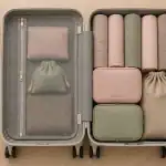 valise 20 kg dimensions ouverte avec vêtements et pèse-bagage