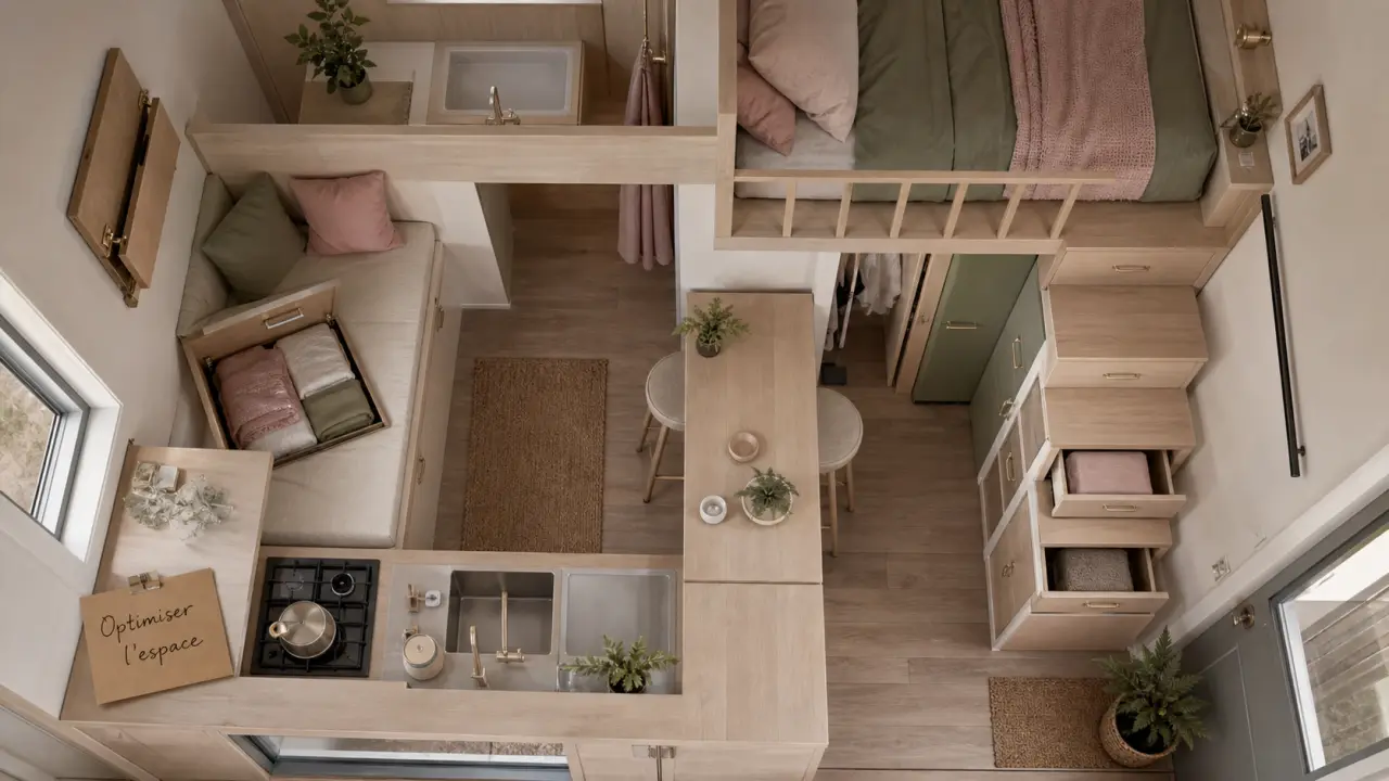 Aménagement tiny house pour optimiser 20 m² : table escamotable, banquette et mezzanine