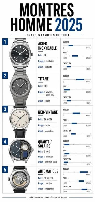 Montre homme 2025 : comparatif visuel des tendances, matériaux et mouvements