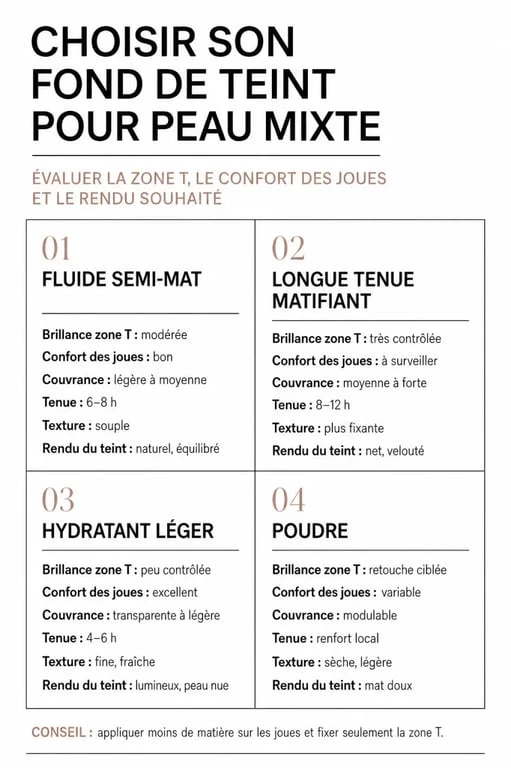 Peau mixte quel fond de teint : comparaison visuelle des textures et finis adaptés
