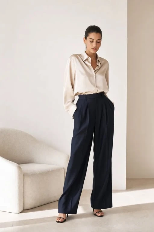 Ensemble satin porté en look élégant, avec chemise fluide et pantalon assorti