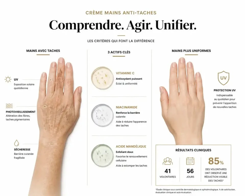 Infographie sur la meilleure crème mains anti-taches avec actifs, protection UV et résultats cliniques