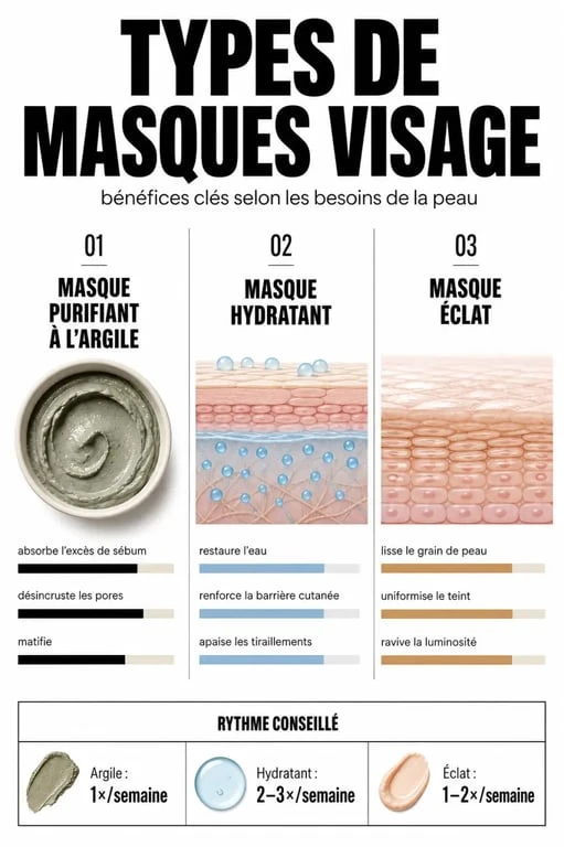 Infographie comparative des meilleurs masques visage selon le type de peau et les besoins