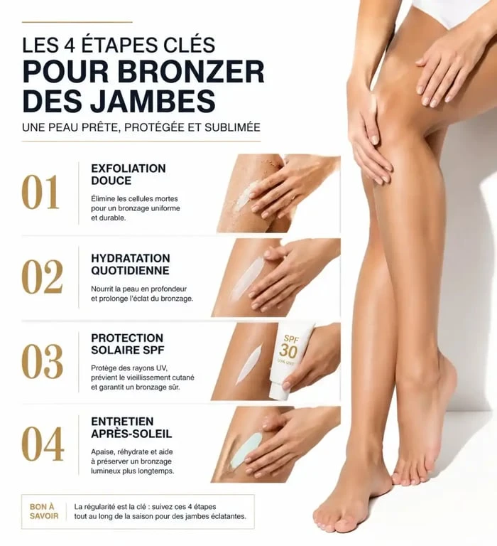Infographie des étapes pour bronzer des jambes de manière uniforme et sécurisée