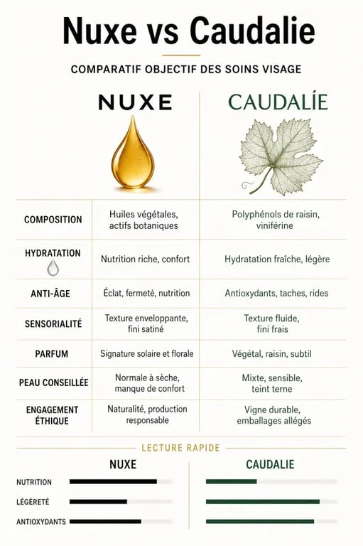Que choisir Nuxe ou Caudalie : comparaison visuelle des actifs, de l’hydratation, de l’anti-âge et de la sensorialité