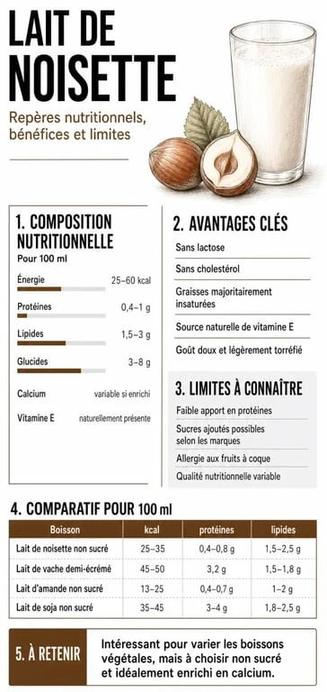 Infographie sur le bienfait du lait de noisette avec ses apports nutritionnels et ses limites