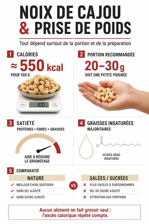 Infographie sur les noix de cajou fait grossir, calories, portion et satiété