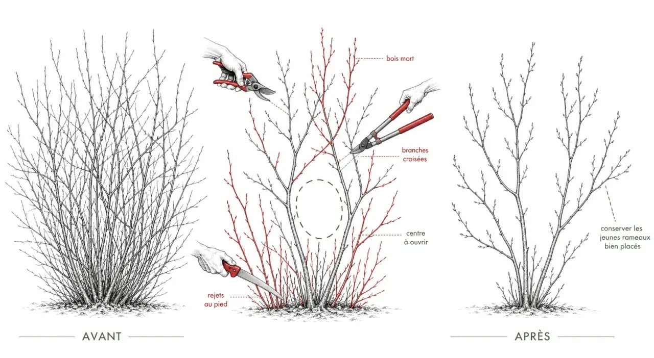 Taille du noisetier : schéma visuel des branches à couper et de la forme à conserver