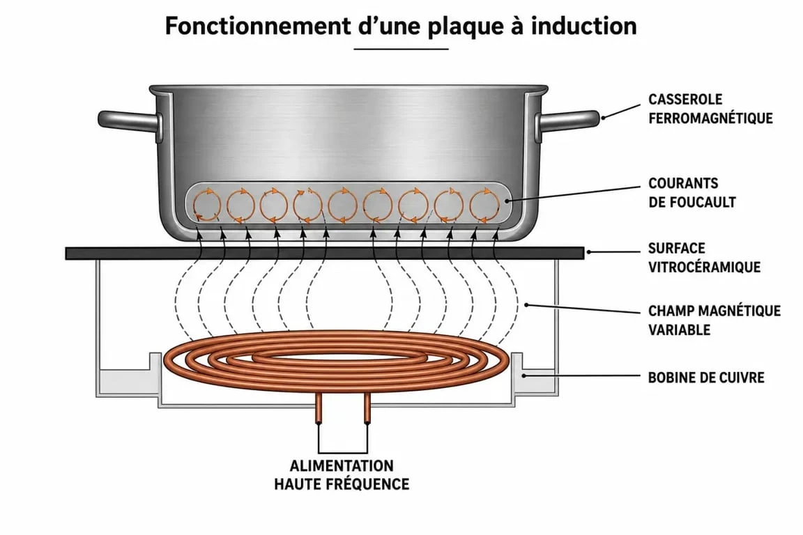 Schéma explicatif du fonctionnement d'une plaque à induction électromagnétique