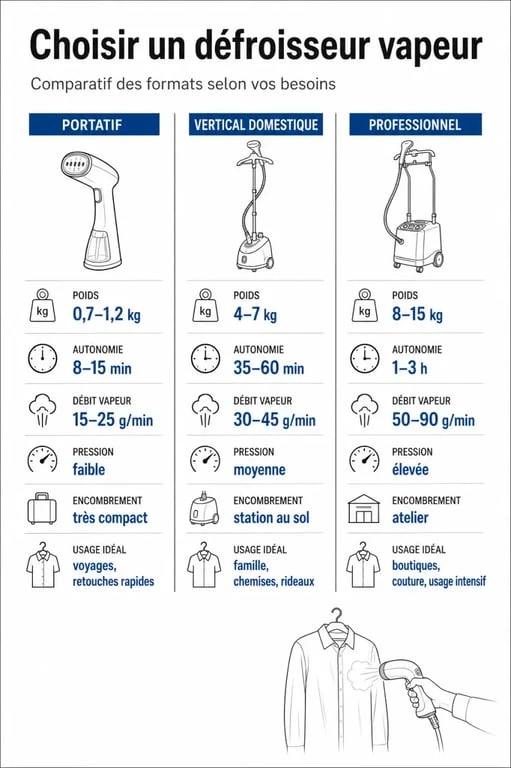 Quel defroisseur choisir : infographie comparative des modèles portatif, vertical et professionnel