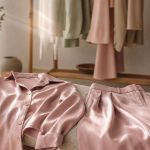 Ensemble satin femme en satin fluide, chemise et pantalon sur banc en lin