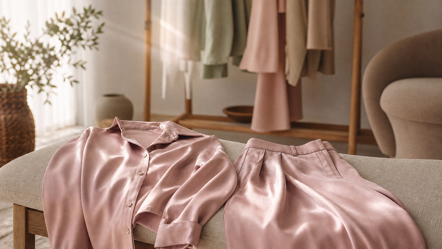 Ensemble satin femme en satin fluide, chemise et pantalon sur banc en lin