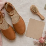 Espadrille cuire femme en cuir camel, plate et compensée
