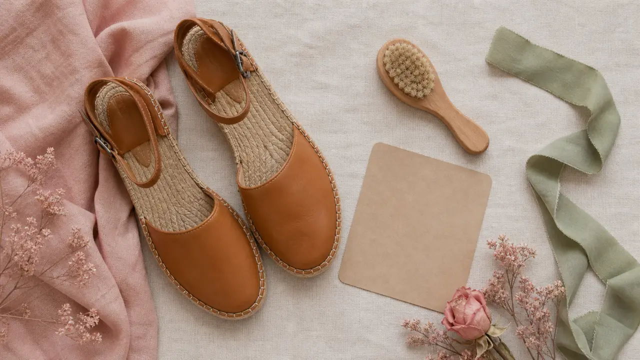 Espadrille cuire femme en cuir camel, plate et compensée