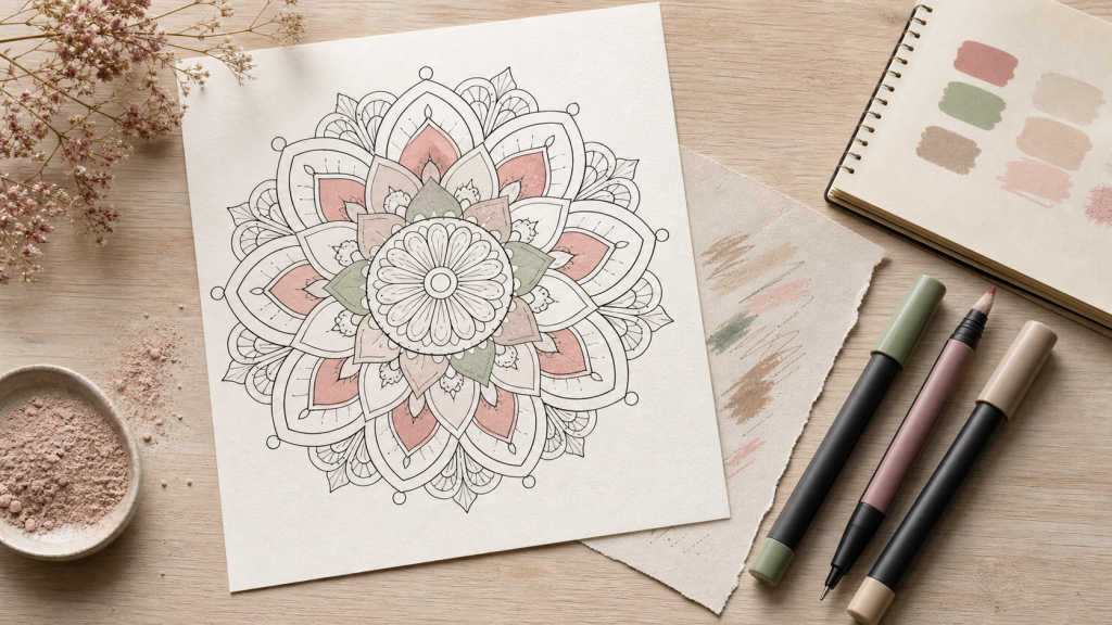 Feutre coloriage adulte sur papier avec mandala