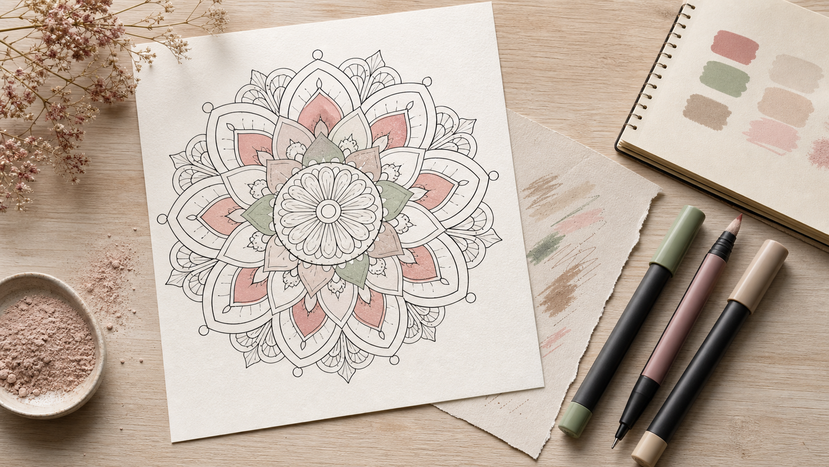 Feutre coloriage adulte sur papier avec mandala