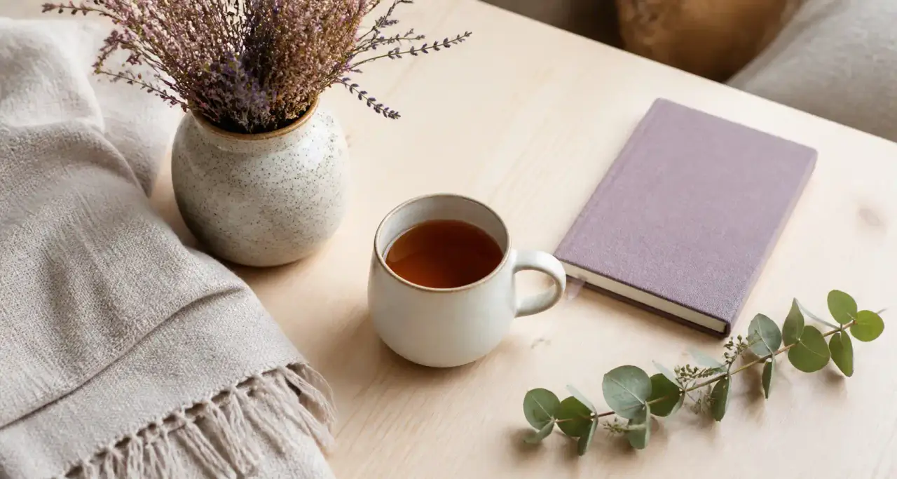 Coin maison apaisant : plaid en lin, tasse en céramique, bruyère et lavande séchées dans les tons porcelaine et lilas doux