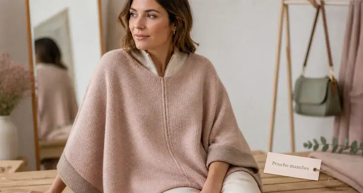 Poncho avec manche taupe clair, manches 3/4, tricot doux