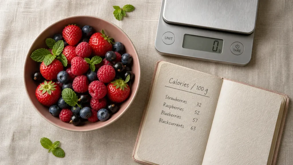 Fruits rouges : 38,1 kcal pour 100 g et une forte teneur en eau