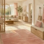 Délimiter une entrée dans un salon avec tapis ocre-rose et banc coffre, lumière chaude