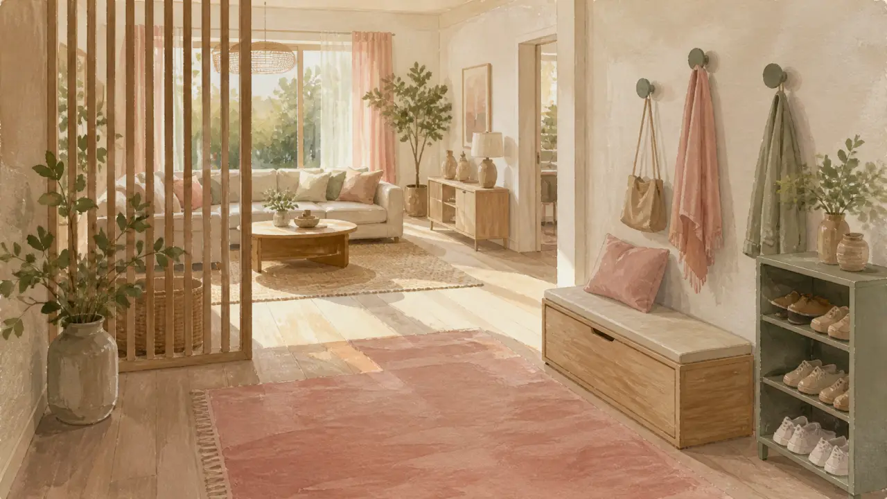 Délimiter une entrée dans un salon avec tapis ocre-rose et banc coffre, lumière chaude
