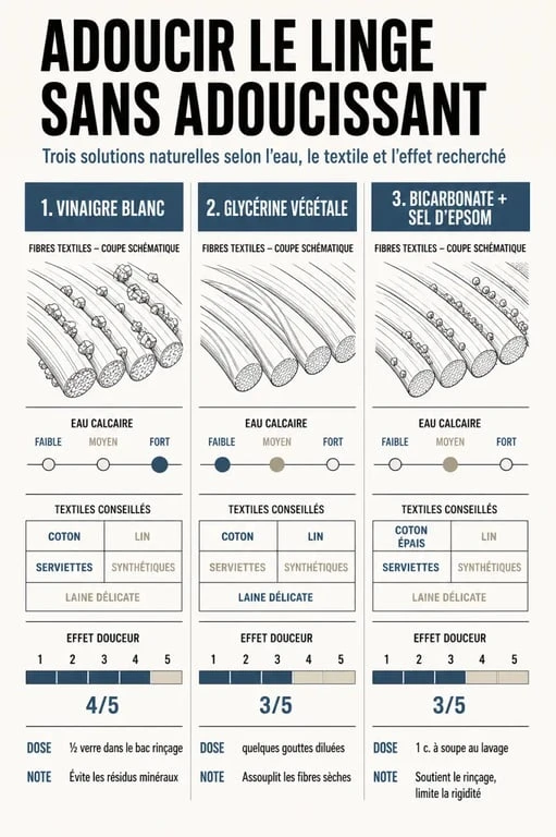 Adoucissant naturel pour linge : comparatif visuel des recettes au vinaigre blanc, à la glycérine végétale et au bicarbonate