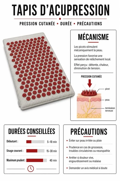 Tapis d’acupression bienfaits : infographie éditoriale sur le fonctionnement, les durées conseillées et les précautions