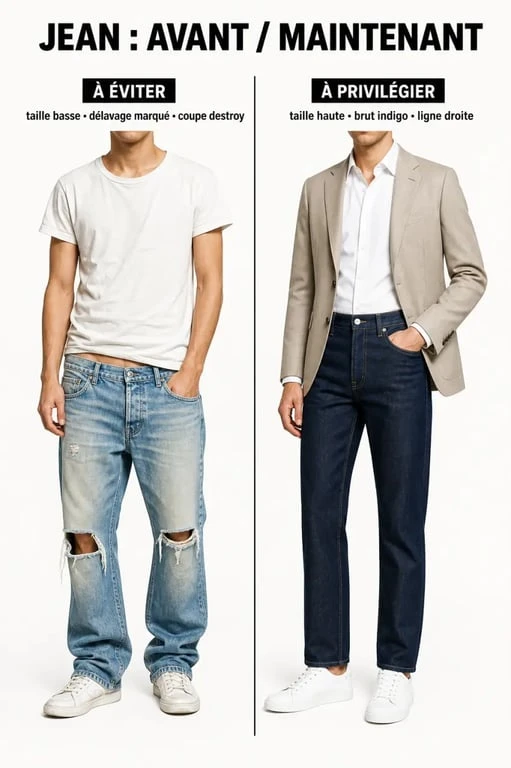 5 tenues à éviter après 50 ans : jean destroy taille basse face à un jean brut droit moderne