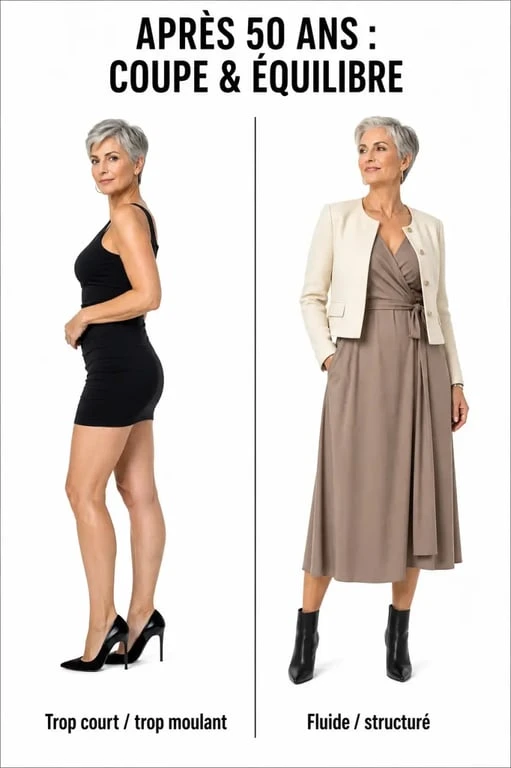 5 tenues à éviter après 50 ans : robe moulante courte face à une robe midi plus élégante