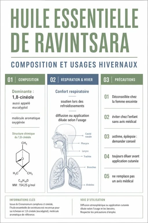 Ravintsara huile essentielle bienfaits : composition, usages respiratoires et précautions