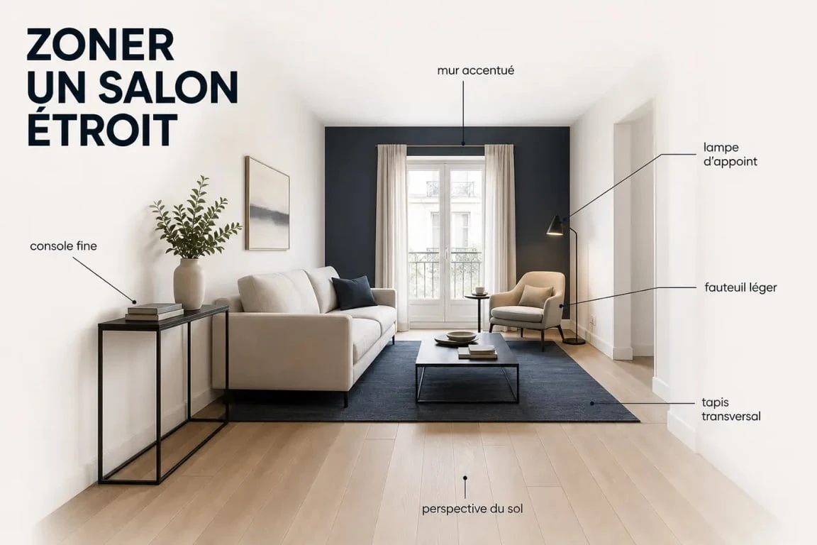 Aménager un salon rectangulaire en zones avec tapis, lumière et meubles adaptés