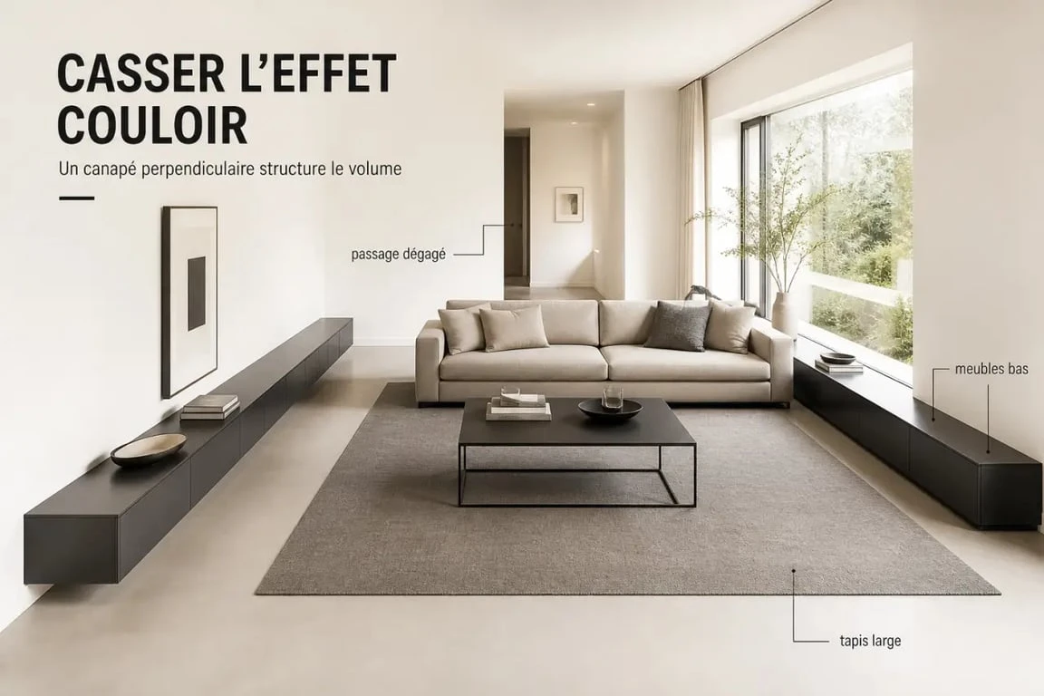 Aménager un salon rectangulaire avec canapé perpendiculaire, tapis et circulation fluide