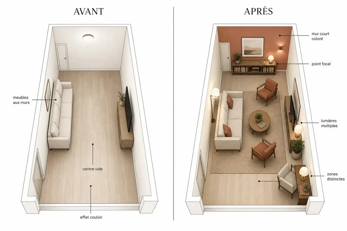 Aménager un salon rectangulaire avant après pour casser l'effet couloir