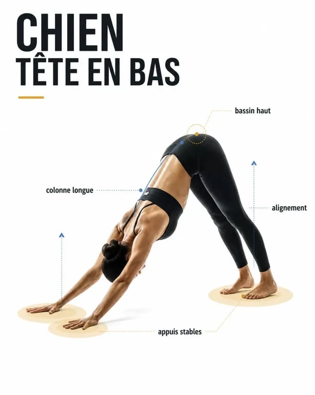 Position yoga chien tête en bas illustrée avec alignement correct des mains, des pieds et du dos