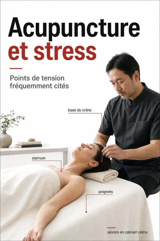 Acupuncture pour le stress : séance illustrée avec points fréquemment travaillés