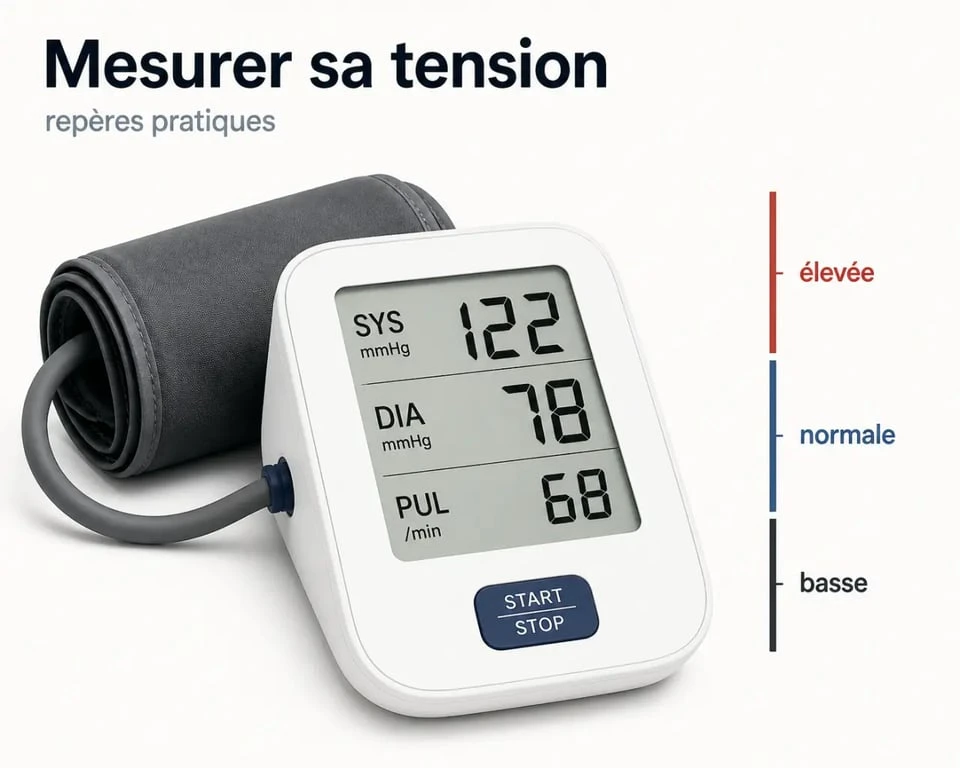 Comment lire tension sur un tensiometre avec repères SYS, DIA et pouls sur l’écran