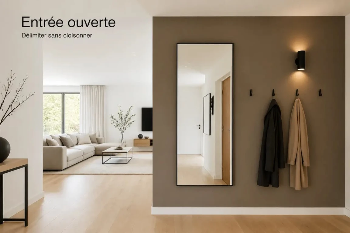 Délimiter une entrée dans un salon avec peinture, miroir et éclairage chaleureux