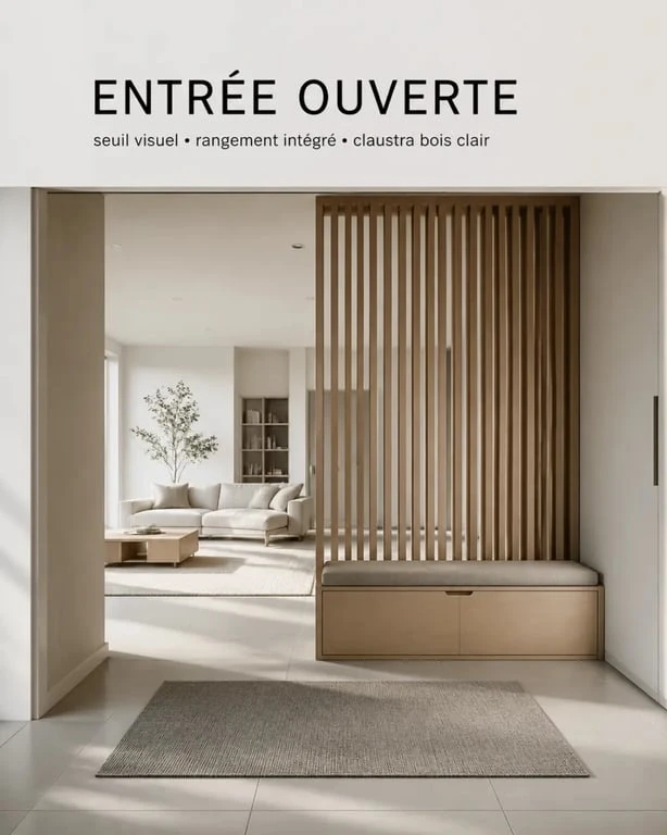 Délimiter une entrée dans un salon avec claustra, banc et tapis dans un intérieur lumineux