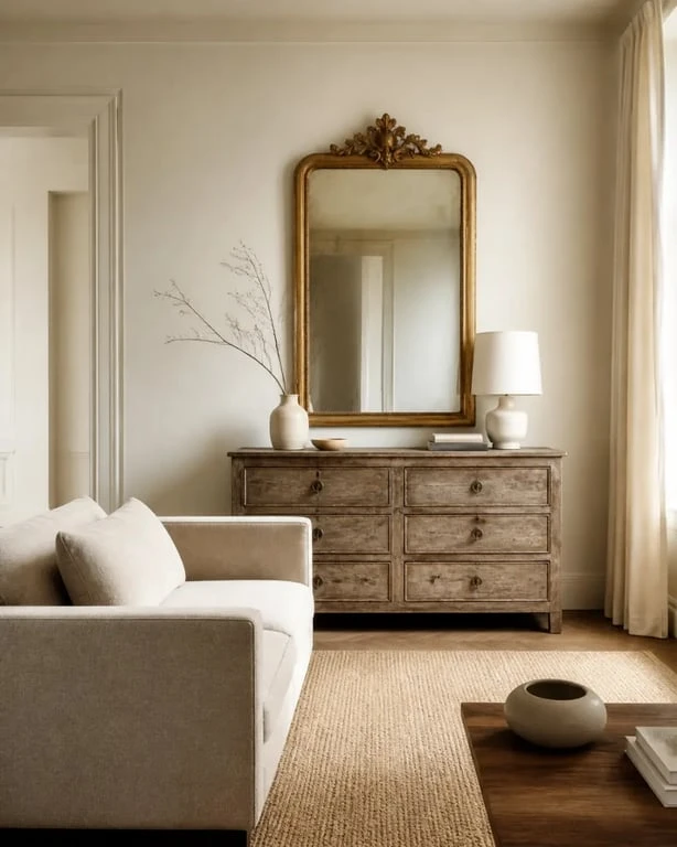 Déco salon mélange ancien et moderne : salon harmonieux avec canapé contemporain, commode patinée et miroir ancien